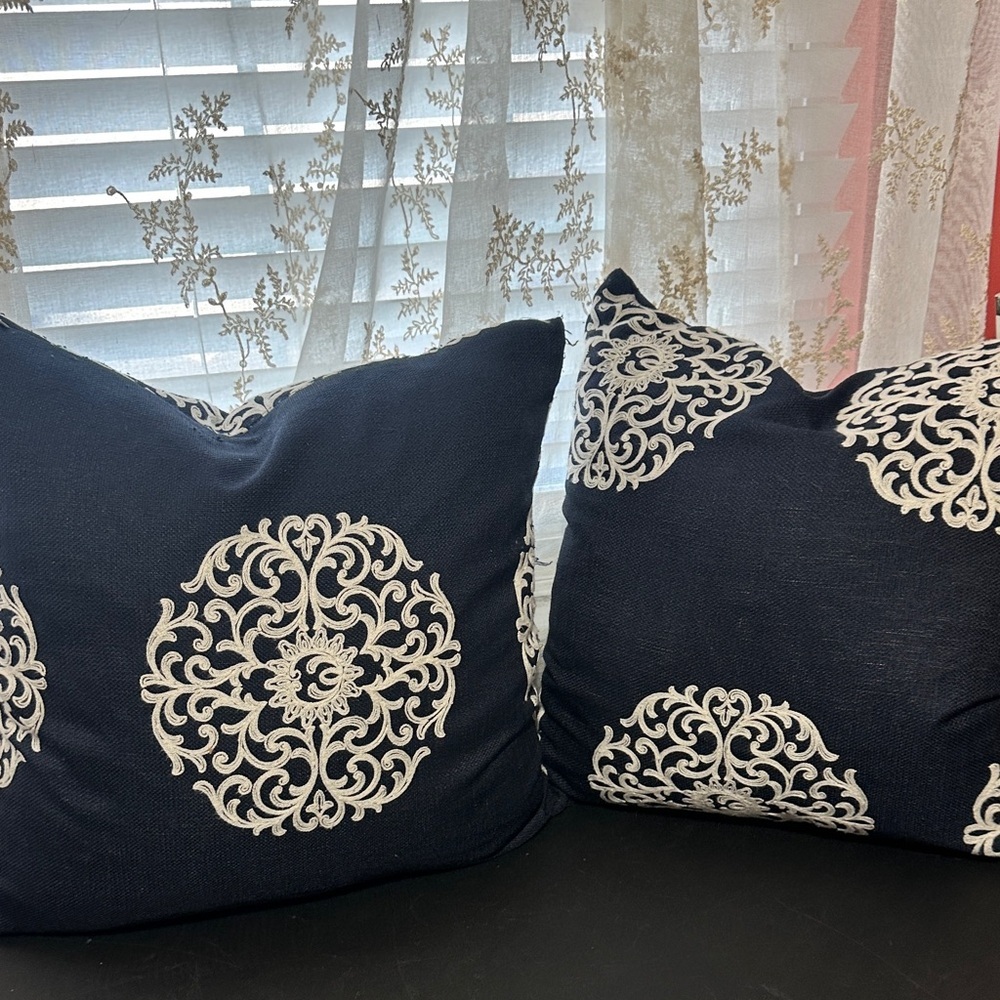 Navy blue white floral design set of 2 decor pillow